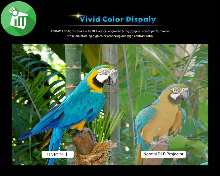 Model P1+ Brightness 30 lumens Contrast Ratio 500:1 Native Resolution 640 x 360 DPI Max. Resolution 1080P Light Source LED LED Lifespan 20000 hours Focus Adjustment Manual Projection Distance 48cm-243cm Projection Size 12-66 inches Aspect Ratio 4:3/16:9 Color 16.7M Power Supply 12V 1.5A/5V/2A Power 18W Input Interface TF card slot Output Interface 3.5mm headphone jack Speaker 1W 8 ohm System UNIC OS Supported Languages 23 Package Weight 200g Product Size 117.5 x 86.3 x 42 mm Package Size 15 x 10 x 5 cm Package Contents 1 x P1+ DLP LED Mini Projector