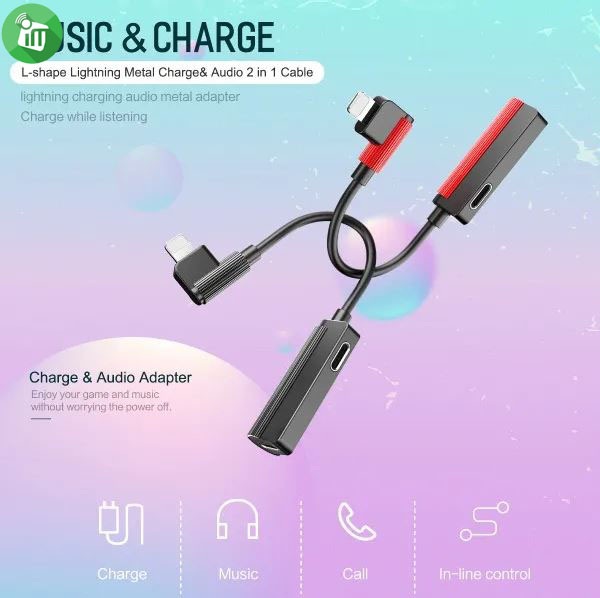 Rock Space L-shape Lightning Metal Charge & Audio 2 in 1 Cable (version B)