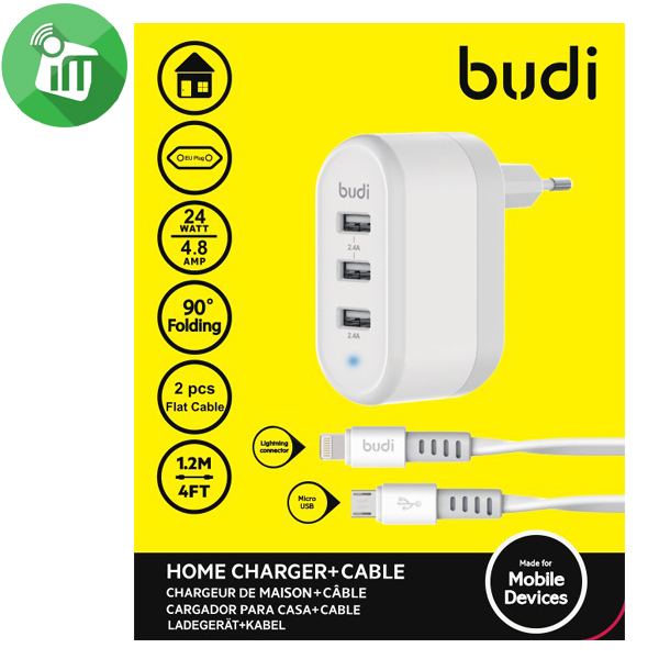 Budi M8J312EM 90° Folding 3 USB Home Charger With Micro & Lightning Cable (1.2M)