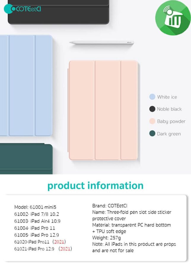 COTEetCI Tri-Fold Pen Slot Side Sticker Protective Case iPad Mini 4/5