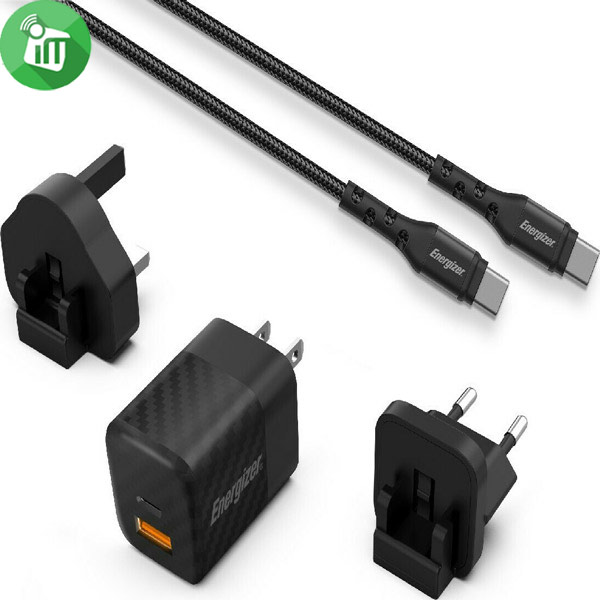 Energizer Ultimate Wall Charger Dual Port A+C W38 Multi plug With USB-C/USB-C Cable (1M)