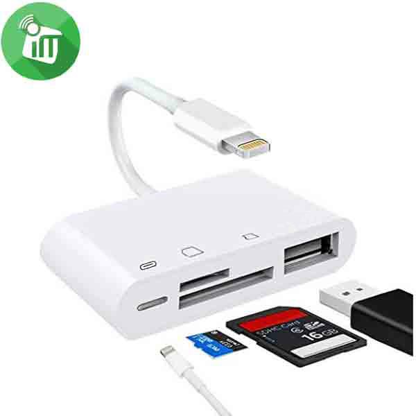 Lightning Multi Reader 4 IN 1 حول كاميرا ابل لايتنينج 4 في 1، محول كاميرا USB 3 مزدوج + قارئ كاميرا بطاقة اس دي + محول مايكرو اس دي محمول متعدد الوظائف لايفون 12/ايباد يدعم جميع اجهزة iOS التوصيل والتشغيل