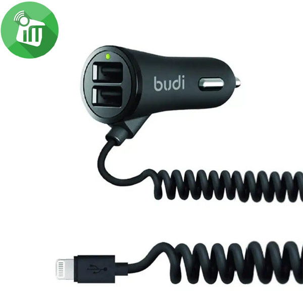 budi M8J068L Car Charger 2 USB with Coiled lightning Connector