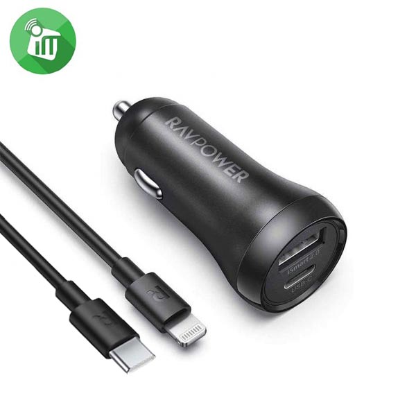RAVPower RP-VC015 PD Pioneer 30W 2-Port USB Car Charger Lightning to USB-C Cable 1M Combo