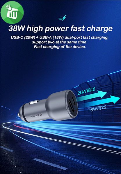 Mophie 38W USB-C PD Fast 2-Port Car Charger