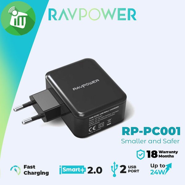 RAVPower RP-PC001 24W Dual Port USB Wall Charger