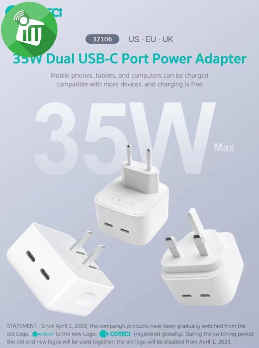 COTEetCI 32106 35W Dual USB-C Port Power Adapter (EU)