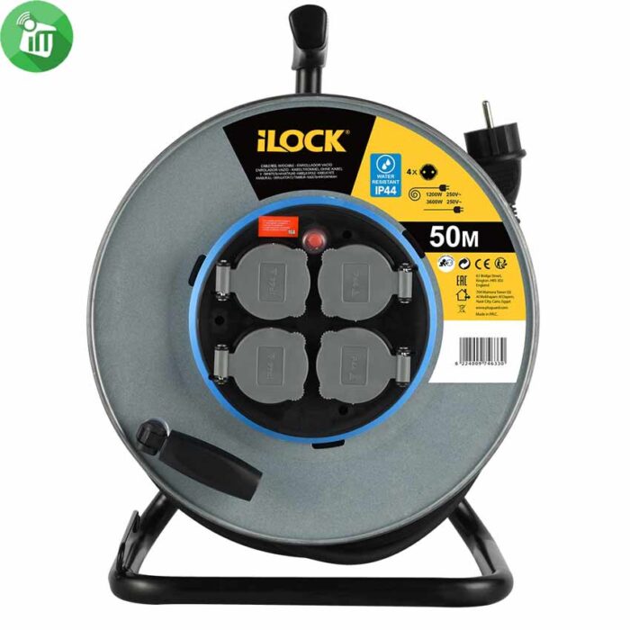 iLock Power Metal Cable Reel 4 Schuko Sockets Extension Cord 50M