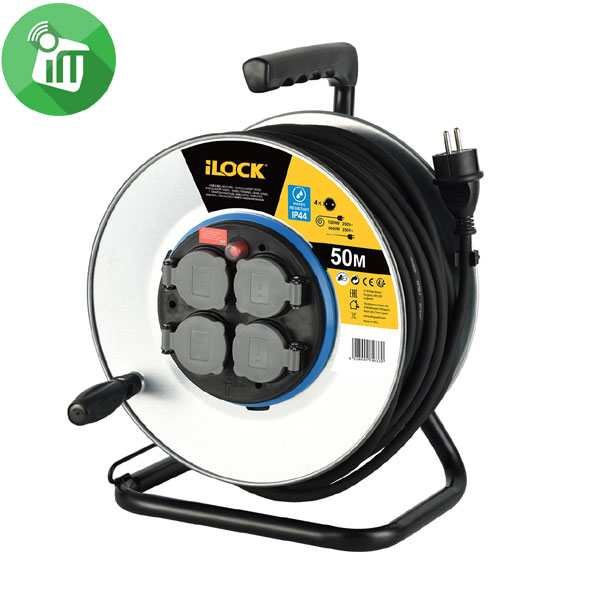 iLock Power Metal Cable Reel 4 Schuko Sockets Extension Cord 50M