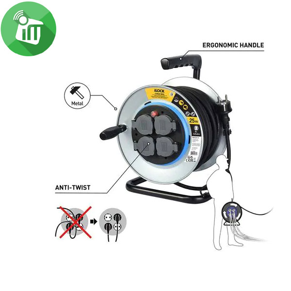 iLock Power Metal Cable Reel 4 Schuko Sockets Extension Cord 25M