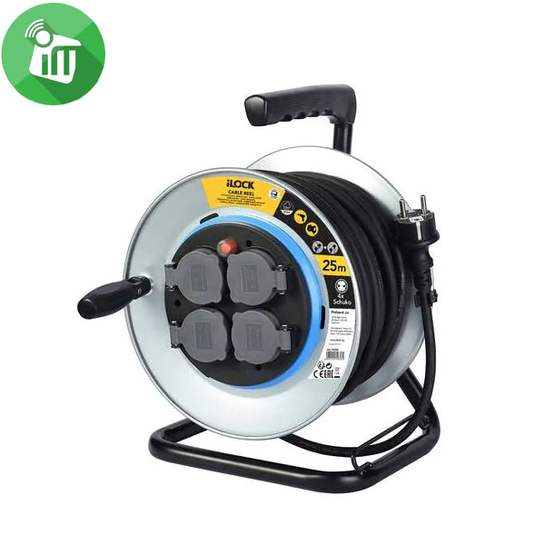 iLock Power Metal Cable Reel 4 Schuko Sockets Extension Cord 25M