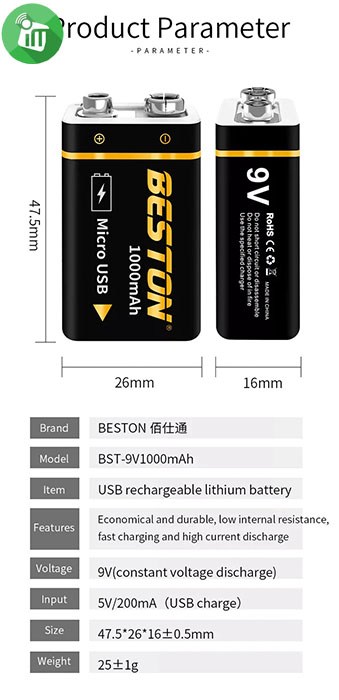 Beston Li-ion 1PCS Size 9V Micro USB Rechargeable Lithium Battery 1000mAh