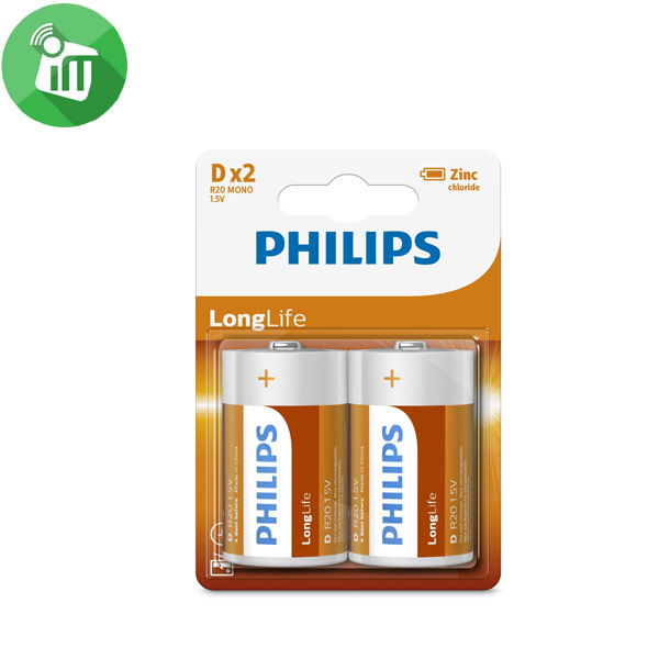 Philips 2PCS Size D Longlife Zinc Battery 1.5V