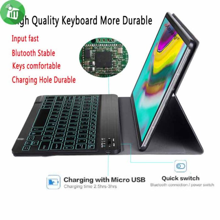 T510D Smart Bluetooth 3.0 Keyboard Leather Case With Light For Samsung Galaxy Tab A 10.1 (2019)