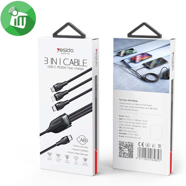 Yesido CA89 3in1 Type-C to Type-C + Lightning 20W + Micro Charging Cable (1.2M)