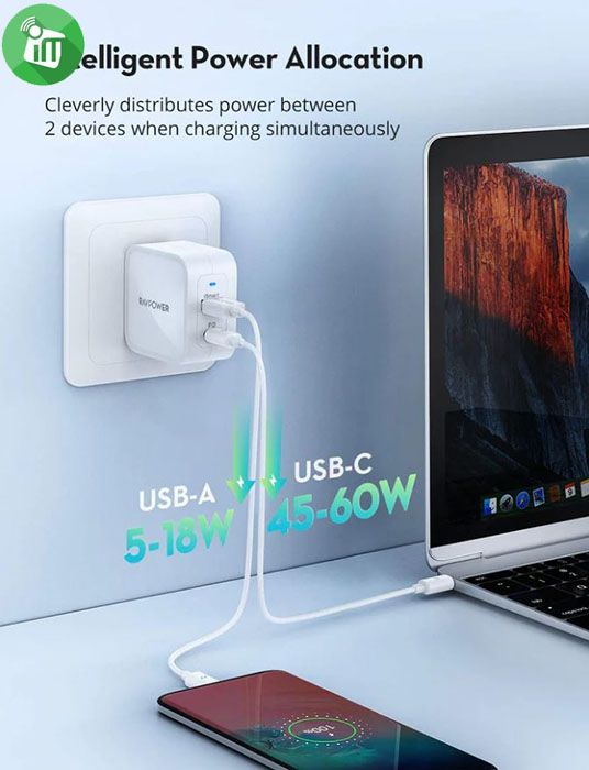 RAVPower RP-PC133 PD Pioneer 65W 2-Port Wall Charger (US)