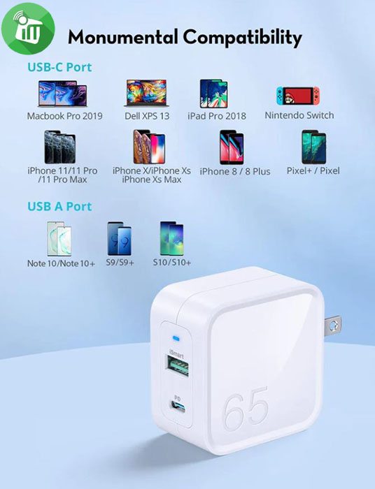 RAVPower RP-PC133 PD Pioneer 65W 2-Port Wall Charger (US)