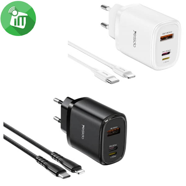 Yesido YC52 Triple Port 30W Quick Charger with Lightning to USB-C Cable