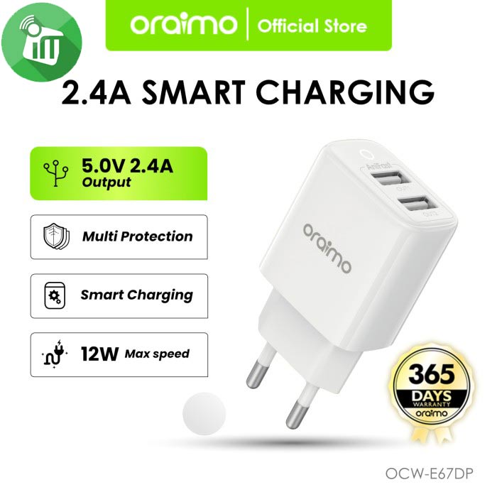 Oraimo Firefly 2U 2.4A Dual USB Charger With Lightning Cable