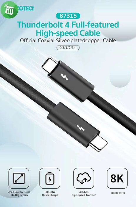 COTEetCI 87315 Thunderbolt 4 Full Function 8K/60Hz PD 100W Cable (1m)