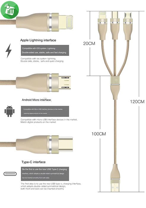 COTEetCI M48 Nylon Series 3 in 1 Charger USB Cable (1.2m)