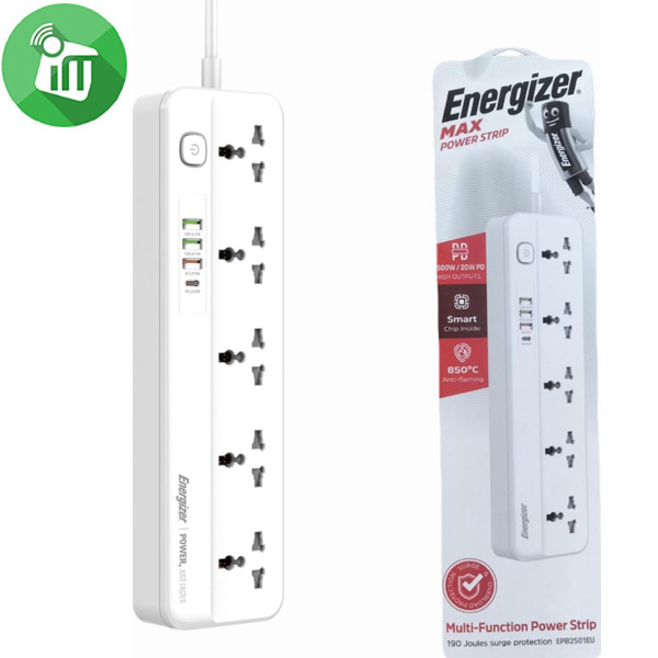 Energizer EPB2501EU Power Strip 5 Outlets With 3 USB-A20W PD Overload Switch (2M)