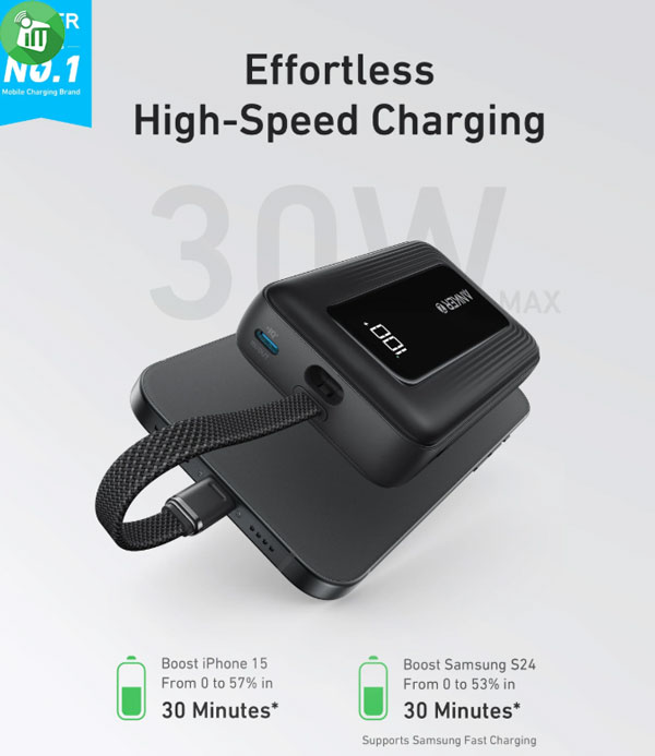 Anker A1688 Zolo Power Bank 10000mAh 30W Built-In USB-C Cable